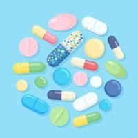 Set of pills, medicine, drugs. Painkiller Tablet, vitamine, pharmaceutical antibiotics. Medical background. Vector cartoon design