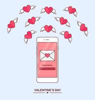 ilustración del día de san valentín. enviar o recibir sms de amor, carta, correo electrónico con teléfono móvil. teléfono móvil blanco aislado en el fondo. sobre, volando corazón rojo con alas. diseño plano, icono de vector. vector