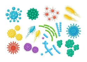 Set of bacteria, microbes, virus, germs. Disease-causing object isolated on background. Bacterial microorganisms, probiotic cells. Vector cartoon design.