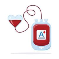 Blood bag with red drop isolated on white background. Donation, transfusion in medicine laboratory concept. Pack of plasma with heart. Save patient life. Vector flat design