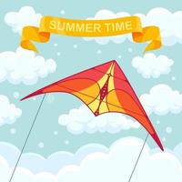 Flying colorful kite in the sky with clouds isolated on background. Summer festival, holiday, vacation time. Kitesurfing concept. Vector illustration. Flat cartoon design