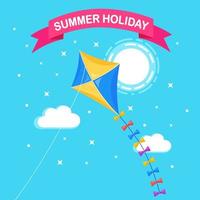 Colorful kite flying in blue sky, sun isolated on background. Summer, spring holiday, toy for child. Vector flat design