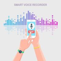 Sound audio gradient wave from equalizer. Cellphone with microphone icon on screen. Mobile phone app for digital voice radio record. Music frequency in color spectrum. Vector flat design