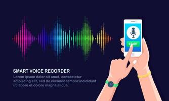 Sound audio gradient wave from equalizer. Cellphone with microphone icon on screen. Mobile phone app for digital voice radio record. Music frequency in color spectrum. Vector flat design