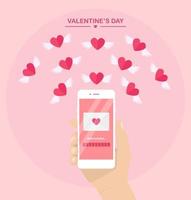 Valentine's day illustration. Send or receive love sms, letter, email with mobile phone. Human hand hold cellphone isolated on  background. Envelope, flying red heart with wings. vector