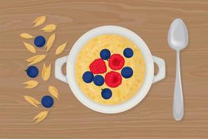 Porridge oats in bowl with spoon, berries, raspberry, nuts and cereals isolated on background. Healthy breakfast vector