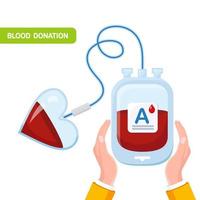 Blood bag with red drop, heart in hand isolated on white background. Donation, transfusion in medicine laboratory concept. Pack of plasma with heart. Save patient life. Vector flat design