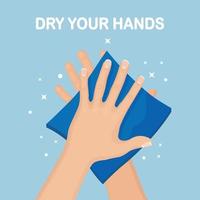 Man wipe, dry clean hands with napkins, paper towel. Hygiene, good habits concept. Vector cartoon design