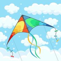 Flying colorful kite in the sky with clouds isolated on background. Summer festival, holiday, vacation time. Kitesurfing concept. Vector illustration. Flat cartoon design