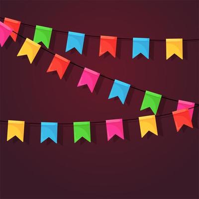 Banner with garland of colour festival flags and ribbons, bunting. Background for celebrate happy birthday party, carnaval, fair. Vector flat design