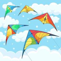 Flying colorful kite in the sky with clouds isolated on background. Summer festival, holiday, vacation time. Kitesurfing concept. Vector illustration. Flat cartoon design