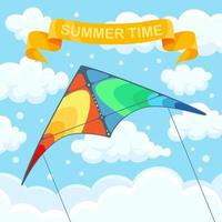 Flying colorful kite in the sky with clouds isolated on background. Summer festival, holiday, vacation time. Kitesurfing concept. Vector illustration. Flat cartoon design