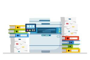 Printer, office machine with paper, document stack. Scanner, copy equipment. Paperwork. Multifunction device. Vector cartoon design