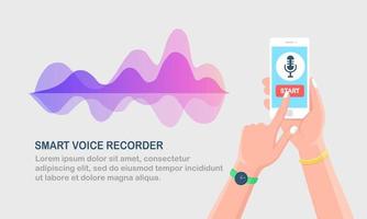 Sound audio gradient wave from equalizer. Cellphone with microphone icon on screen. Mobile phone app for digital voice radio record. Music frequency in color spectrum. Vector flat design