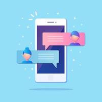 New chat messages notification on mobile phone. Sms bubbles on cellphone screen. People chatting. Vector flat design