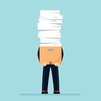 Pile of paper, busy businessman with stack of documents in carton, cardboard box. Paperwork. Bureaucracy concept. Stressed employee. Vector cartoon design