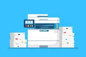 Printer, office machine with paper, document stack. Scanner, copy equipment. Paperwork. Multifunction device. Vector cartoon design