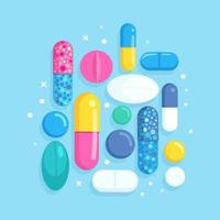 Set of pills, medicine, drugs. Painkiller tablet, vitamine, pharmaceutical antibiotics. Healthcare concept. Vector cartoon design