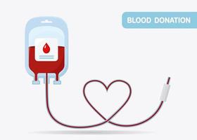 Blood bag with red drop isolated on whit background. Donation, transfusion in medicine laboratory concept. Pack of plasma with heart. Save patient life. Vector flat design