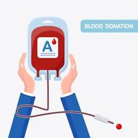 Blood bag with red drop in hand isolated on white background. Donation, transfusion in medicine laboratory concept. Save patient life. Vector flat design