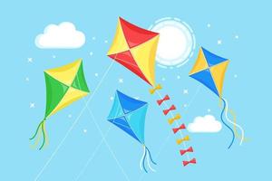 Colorful kite flying in blue sky, sun isolated on background. Summer, spring holiday, toy for child. Vector flat design