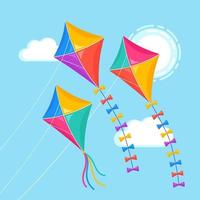 Colorful kite flying in blue sky, sun isolated on background. Summer, spring holiday, toy for child. Vector flat design