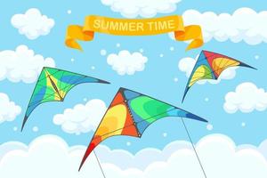 Flying colorful kite in the sky with clouds isolated on background. Summer festival, holiday, vacation time. Kitesurfing concept. Vector illustration. Flat cartoon design