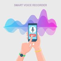 Sound audio gradient wave from equalizer. Cellphone with microphone icon on screen. Mobile phone app for digital voice radio record. Music frequency in color spectrum. Vector flat design