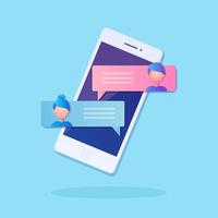 New chat messages notification on mobile phone. Sms bubbles on cellphone screen. People chatting. Vector flat design