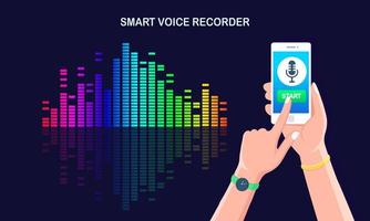 Sound audio gradient wave from equalizer. Cellphone with microphone icon on screen. Mobile phone app for digital voice radio record. Music frequency in color spectrum. Vector flat design