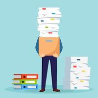 Pile of paper, busy businessman with stack of documents in carton, cardboard box. Paperwork. Bureaucracy concept. Stressed employee. Vector cartoon design