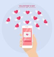 ilustración del día de san valentín. enviar o recibir sms de amor, carta, correo electrónico con teléfono móvil. mano humana sostenga el teléfono celular aislado en el fondo. sobre, volando corazón rojo con alas. vector