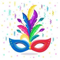 máscara de carnaval con plumas aisladas sobre fondo blanco. accesorios de disfraces para fiestas. mardi gras, concepto del festival de venecia. diseño de dibujos animados de vectores