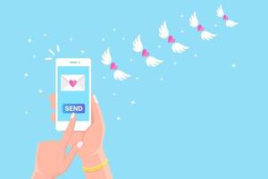 Valentine's day illustration. Send or receive love sms, letter, email with mobile phone. White cellphone in hand isolated on background. Flying envelope with red heart, wings. Vector flat design