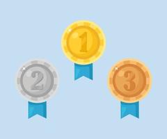 Set of gold, silver, bronze medal with ribbon for first place. Trophy, award for winner isolated on background. Golden badge with ribbon. Achievement, victory concept. Vector cartoon flat design