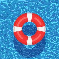 Life buoy floating in swimming pool. Beach rubber ring on water isolated on background. Lifebuoy, cute toy for children. Inflatable circle. Ship Rescue belt for saving people. Vector cartoon flat icon