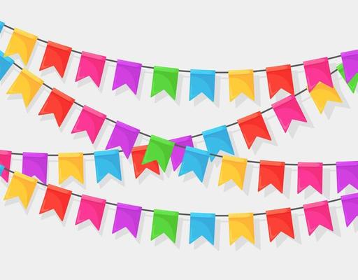 Banner with garland of colour festival flags and ribbons, bunting. Background for celebrate happy birthday party, carnaval, fair. Vector flat design
