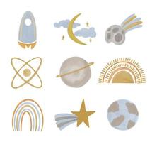 Collection of space objects hand drawn with watercolors in boho style. vector