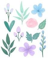 Collection of hand drawn spring watercolor flowers and leaves in pastel colors. Big Vector Set watercolor elements - wildflowers, herbs, branches.