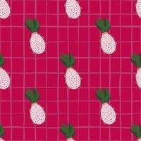 Seamless food pattern with bright pitaya silhouettes. Pink chequered background. vector