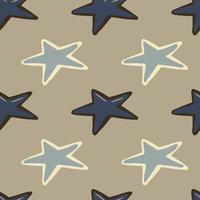 Seeamless simple pattern with pale star elements. Hand drawn geometric ornament in navy and blue tones on beige background. vector