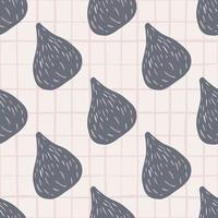 Doodle food seamless pattern with fig pastel blue shapes. Light chequered background. vector