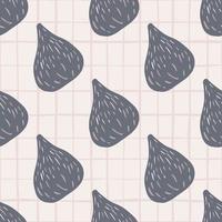 Doodle food seamless pattern with fig pastel blue shapes. Light chequered background. vector