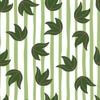 Seamless pattern with random green leaf bush ornament. Striped background. Simple style. vector