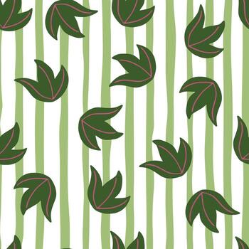 Seamless pattern with random green leaf bush ornament. Striped background. Simple style. vector
