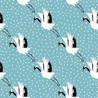 Abstract japanese animal seamless pattern with exotic crane bird white print. Blue background with dots. vector