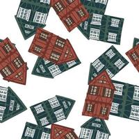 Isolated seamless architecture cartoon pattern with green and maroon house ornament. White background. vector