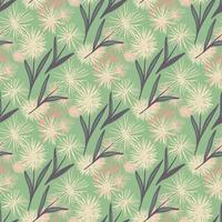 Spring dandelion seamless hand drawn pattern. Light tones flowers with purple leaves on light green background. vector