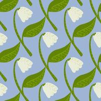 White and green colored scandinavian flowers seamless pattern. Botanic stylized ornament on blue background. vector