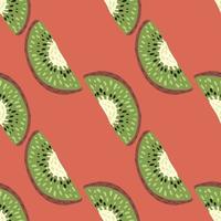 Green kiwi slices seamless pattern. Hand drawn fruit creative print on coral background. vector